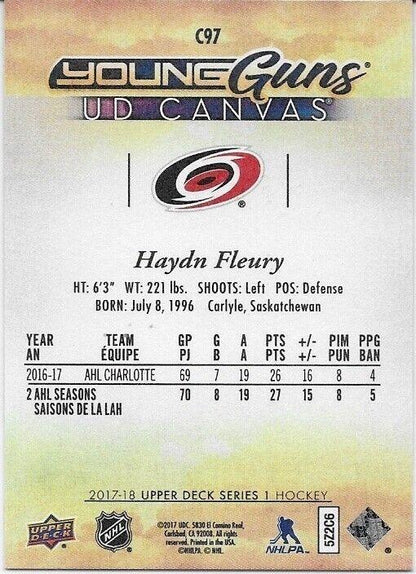 Carte en toile autographiée UD 2017-18 des Hurricanes de la Caroline Haydn Fleury Young Guns