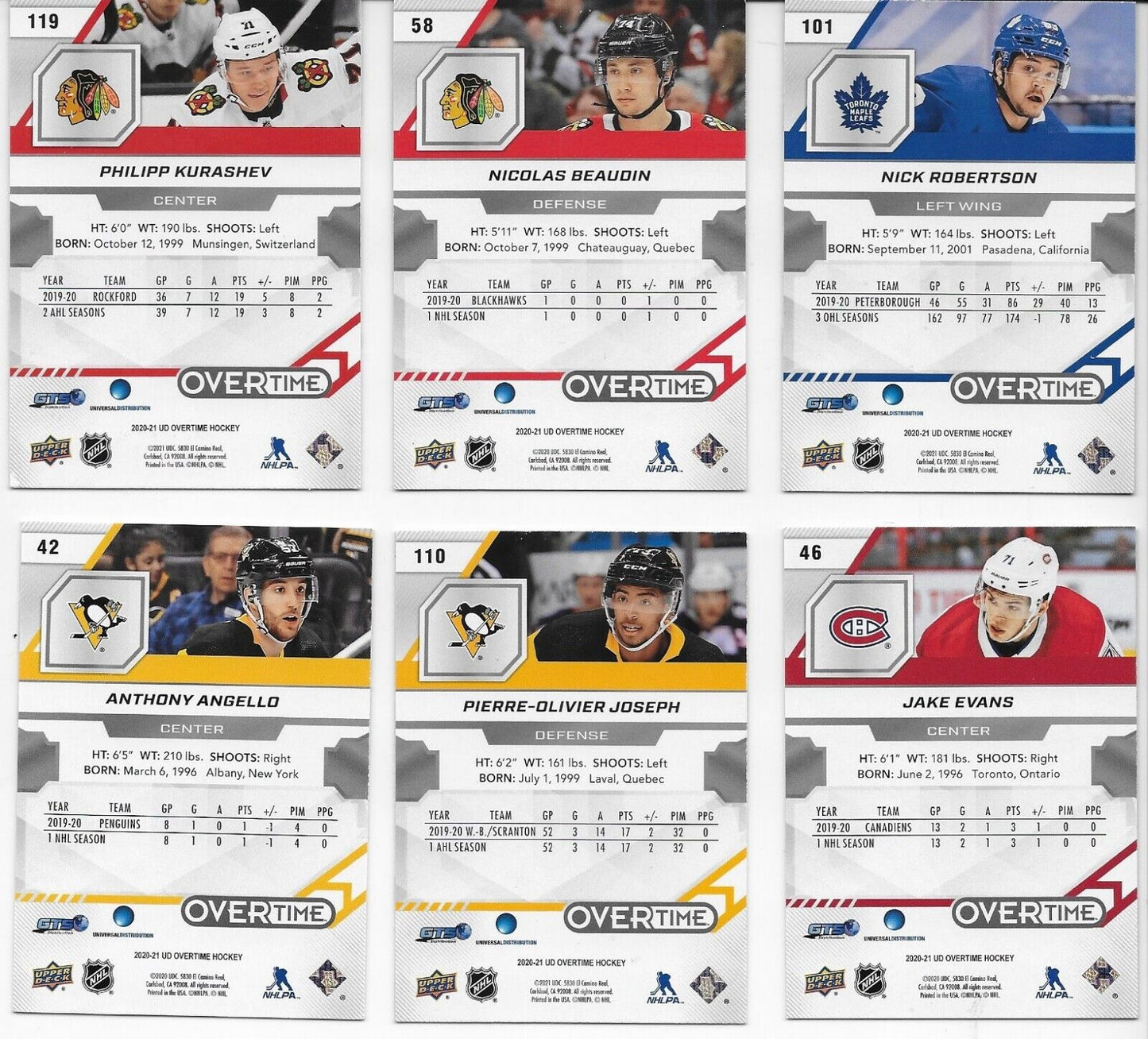 Autographed 20/21 UD Overtime 6 Card Lot Kurashev Beaudin Robertson Joseph Evans