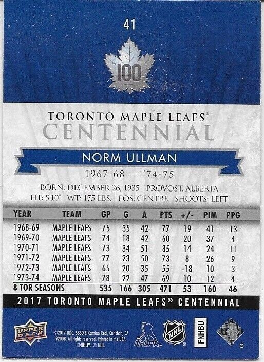Carte autographiée UD Centennial 2017-18 des Maple Leafs de Toronto Norm Ullman