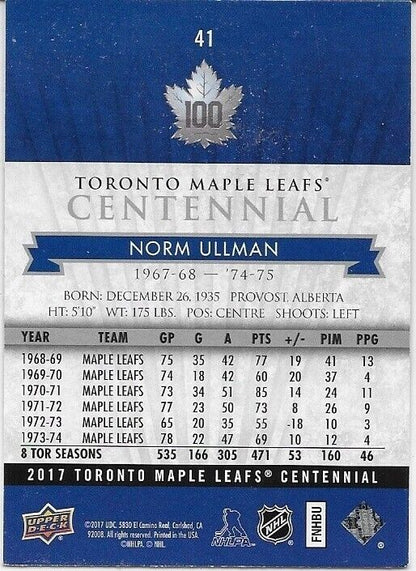 Carte autographiée UD Centennial 2017-18 des Maple Leafs de Toronto Norm Ullman