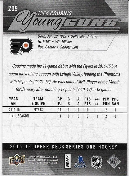 Autographed 15-16 Upper Deck Philadelphia Flyers Nick Cousins Young Guns Card
