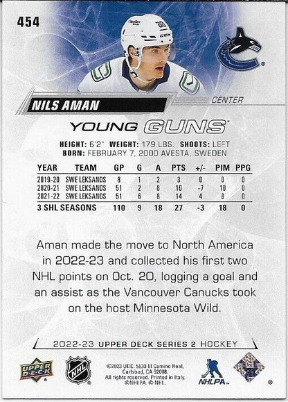 Signed Nils Aman Young Guns 22-23 UD Vancouver Canucks Autographed Rookie Card