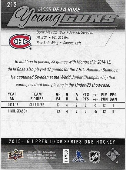 Autographed 15-16 UD Montreal Canadiens Young Guns Jacob De La Rose Rookie Card