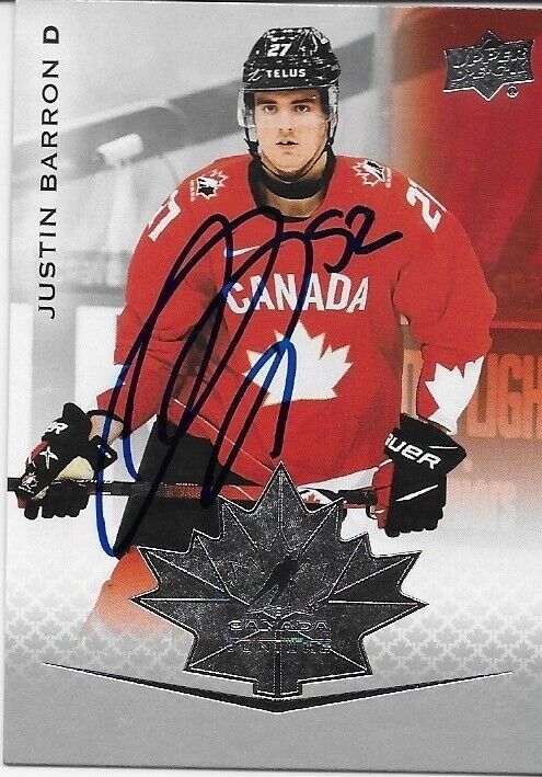 Autographed 2021 Upper Deck Team Canada Juniors Justin Barron Card Original