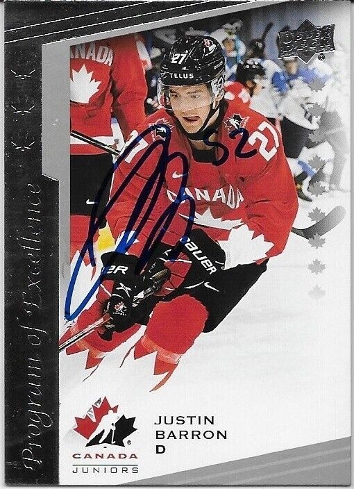 Autographed 2021 Upper Deck Team Canada Juniors Justin Barron Card Original