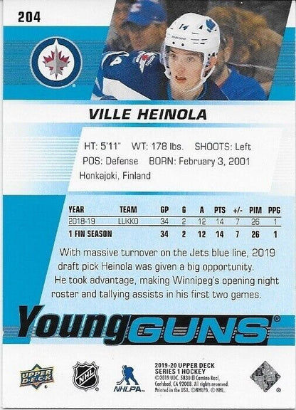 Carte de recrue autographiée UD 2019-20 des Young Guns des Jets de Winnipeg Ville Heinola
