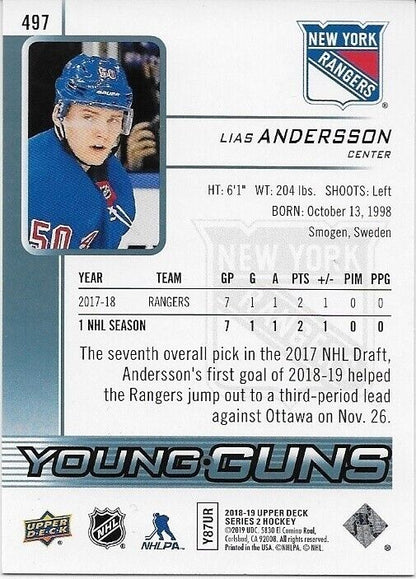 Autographed 18-19 UD New York Rangers Young Guns Lias Andersson Rookie Card