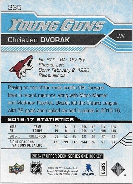 Autographed 2016-17 UD Arizona Coyotes Young Guns Christian Dvorak Rookie Card
