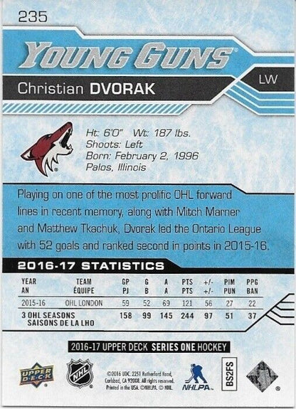 Autographed 2016-17 UD Arizona Coyotes Young Guns Christian Dvorak Rookie Card