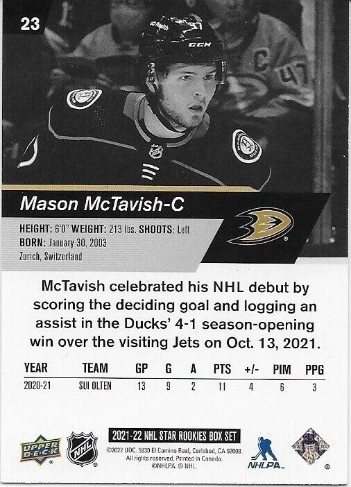 Autographed 2021-22 UD NHL Star Rookies Anaheim Ducks Mason McTavish Rookie Card