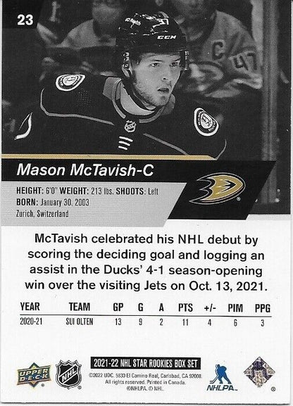 Autographed 2021-22 UD NHL Star Rookies Anaheim Ducks Mason McTavish Rookie Card