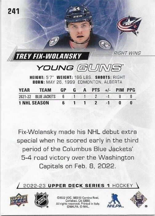 Autographed 22-23 UD Columbus Blue Jackets Trey Fix Wolansky Young Guns Card