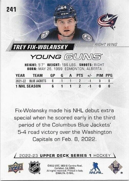 Autographed 22-23 UD Columbus Blue Jackets Trey Fix Wolansky Young Guns Card