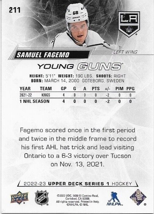 Autographed 2022-23 UD Los Angeles Kings Young Guns Samuel Fagemo Rookie Card