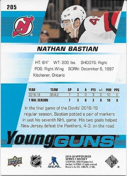 Autographed 19-20 UD New Jersey Devils Nathan Bastian Young Guns  Rookie Card