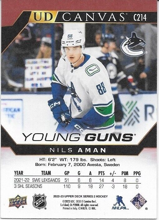 Signed Nils Aman Young Guns 22-23 UD Canvas Vancouver Canucks Rookie Card
