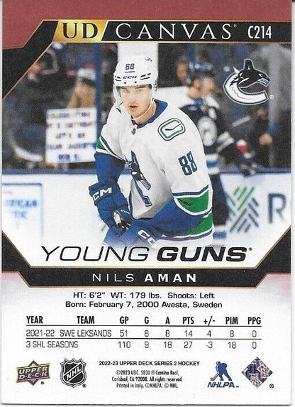 Signed Nils Aman Young Guns 22-23 UD Canvas Vancouver Canucks Rookie Card