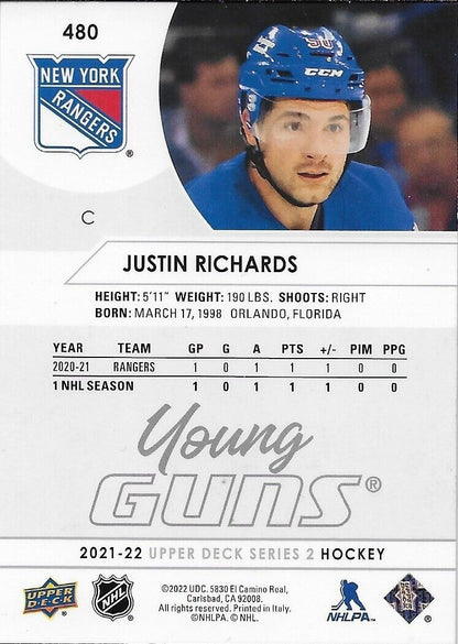 Autographed 2021-22 Upper Deck New York Rangers Justin Richards Young Guns Card