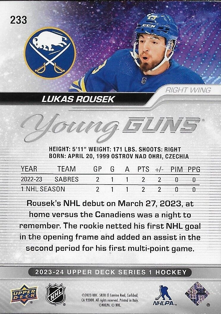Signed Lukas Rousek Young Guns 2023-24 Upper Deck Buffalo Sabres Rookie Card