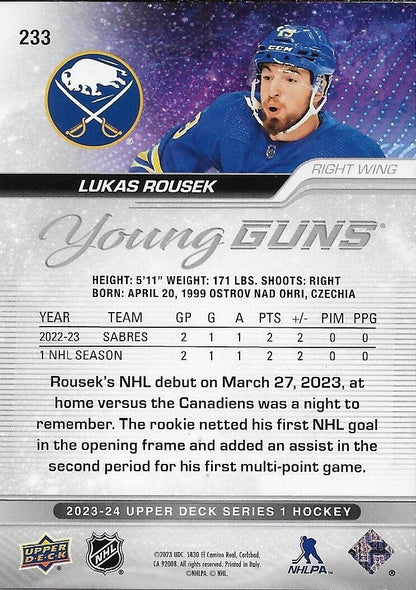 Signed Lukas Rousek Young Guns 2023-24 Upper Deck Buffalo Sabres Rookie Card