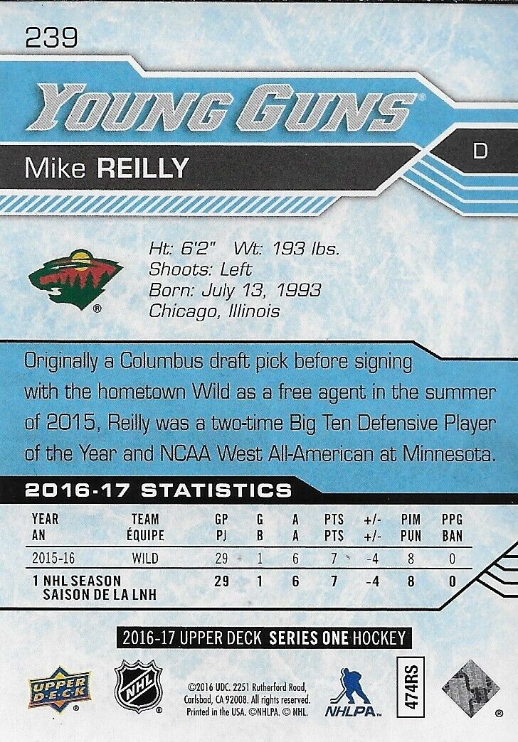 Autographed 2016-17 UD Minnesota Wild Young Guns Mike Reilly Rookie Card