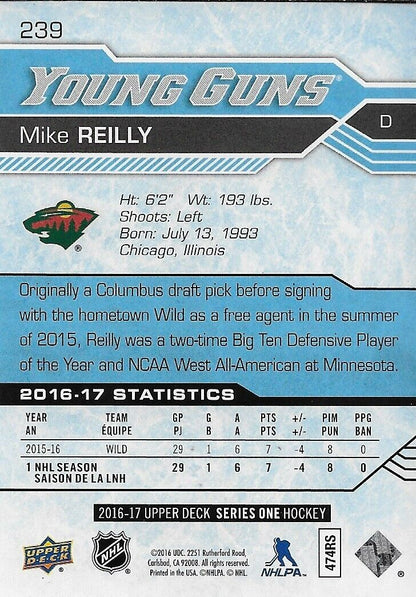 Autographed 2016-17 UD Minnesota Wild Young Guns Mike Reilly Rookie Card