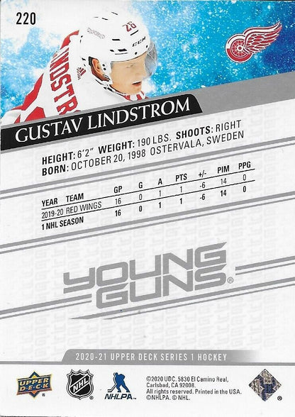 Carte de recrue Young Guns UD 2020-21 signée Gustav Lindstrom des Red Wings de Detroit