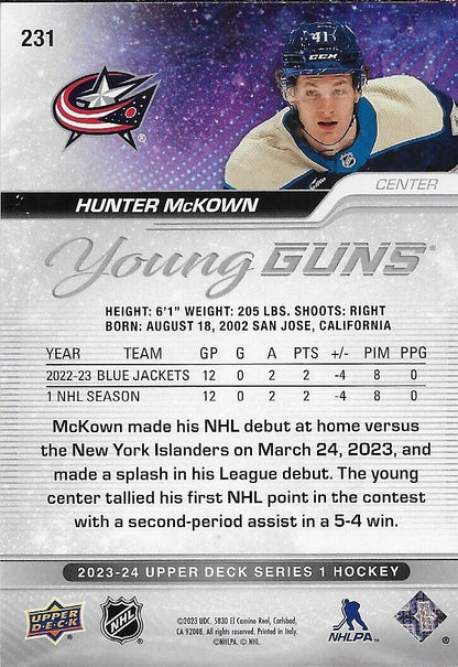 Carte de recrue Young Guns signée Hunter McKown 2023-24 UD Columbus Blue Jackets