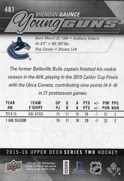 Signed Brendan Gaunce 2014-15 UD Vancouver Canucks Young Guns Rookie Card