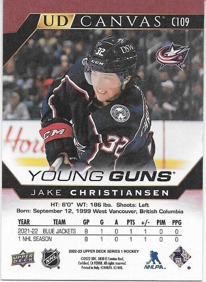Carte en toile signée Jake Christiansen 2022-23 UD Columbus Blue Jackets Young Guns
