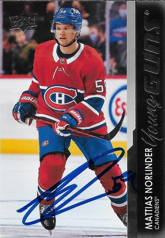 Signed Mattias Norlinder Young Guns 2021-22 UD Montreal Canadiens Rookie Card