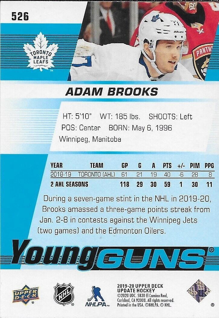 Carte de recrue Young Guns des Maple Leafs de Toronto signée Adam Brooks 2019-20