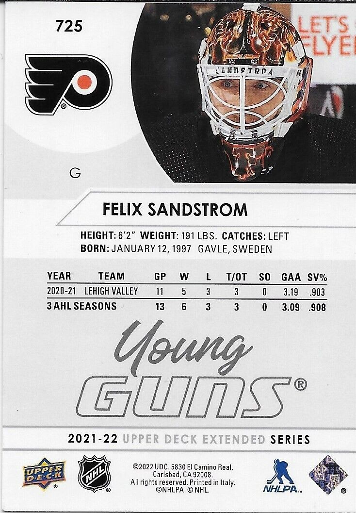 Carte de recrue signée Felix Sandstrom Young Guns 21-22 UD des Flyers de Philadelphie