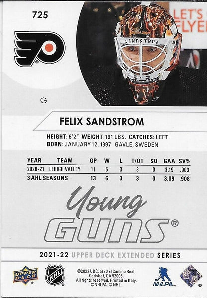 Carte de recrue signée Felix Sandstrom Young Guns 21-22 UD des Flyers de Philadelphie