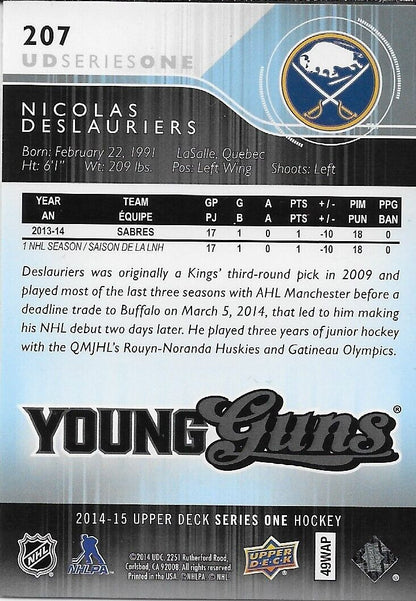 Carte de recrue signée par Nicolas Deslauriers Young Guns UD 2014-15 des Sabres de Buffalo