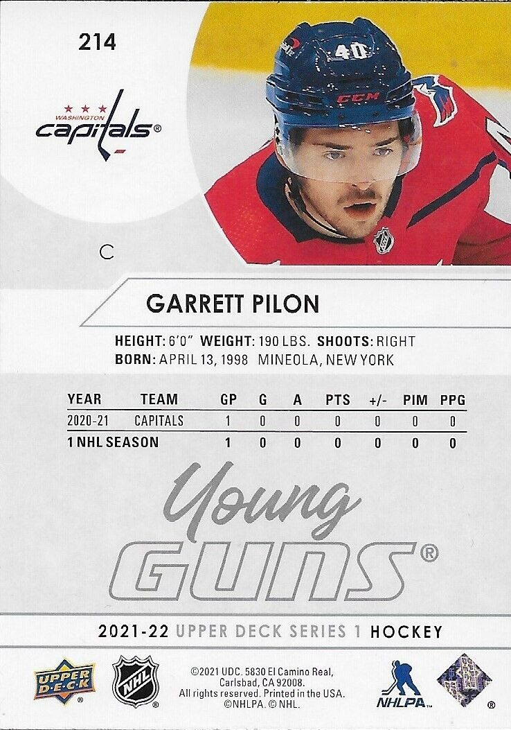Carte de recrue signée Garrett Pilon Young Guns 2021-22 UD des Capitals de Washington