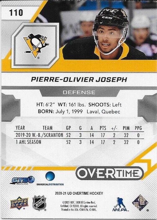 Signed Pierre-Olivier Joseph UD 20/21 Pittsburgh Penguins Rookie Card Blue #110