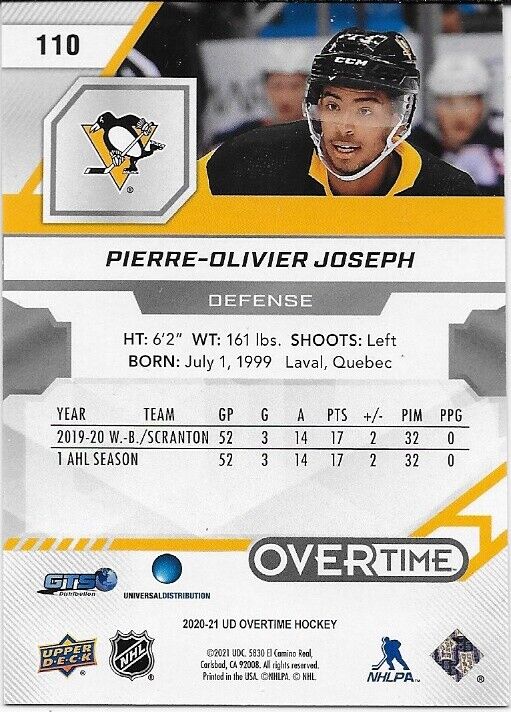 Signed Pierre-Olivier Joseph UD 20/21 Pittsburgh Penguins Rookie Card Red #110