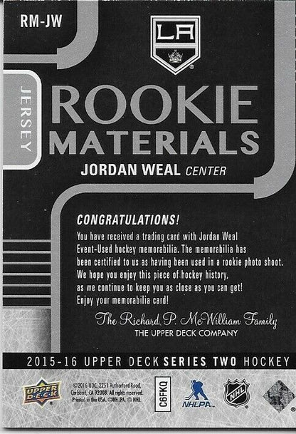 Carte signée Jordan Weal 15/16 UD Rookie Materials Los Angeles Kings Original
