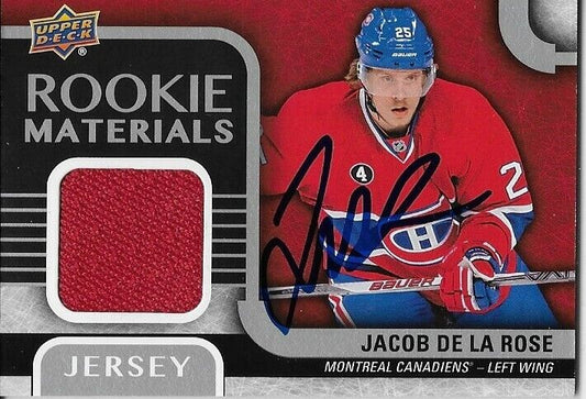 Carte signée par Jacob De La Rose 15/16 UD Rookie Materials des Canadiens de Montréal RM-JD
