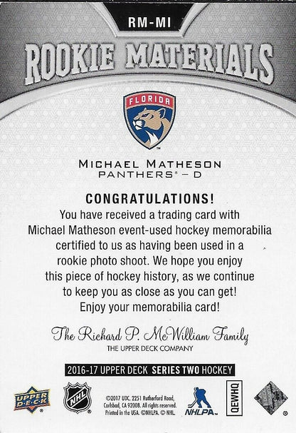 Carte signée Mike Matheson 16/17 UD Rookie Materials Florida Panthers RM-MI