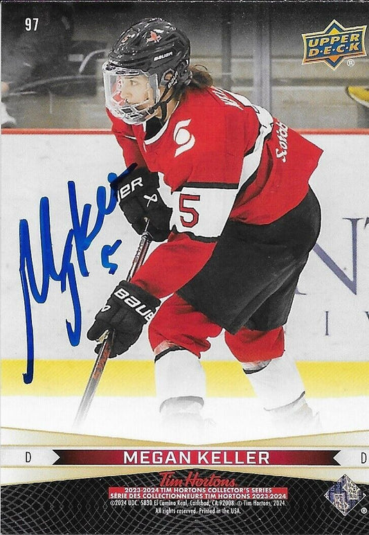 Carte Tim Hortons Upper Deck 23/24 signée Megan Keller Jaime Bourbonnais originale
