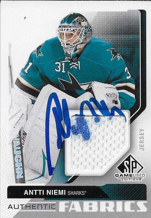 Signed Antti Niemi 2014/15 UD SP Authentic Fabrics San Jose Sharks Card  # AF-AN