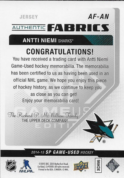 Signed Antti Niemi 2014/15 UD SP Authentic Fabrics San Jose Sharks Card  # AF-AN