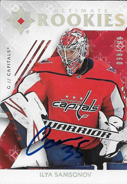 Carte signée Ilya Samsonov 18/19 UD Ultimate Rookie Washington #72 et 098/299