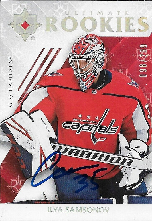 Carte signée Ilya Samsonov 18/19 UD Ultimate Rookie Washington #72 et 098/299