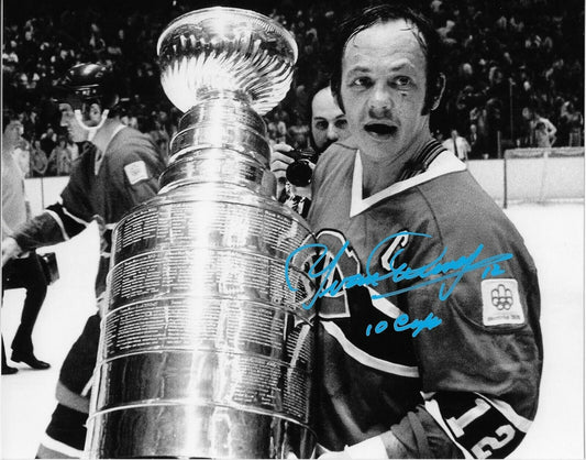 Signed Yvan Cournoyer Montreal Canadiens 8x10 Photo #1 with 10 Cup Inscription
