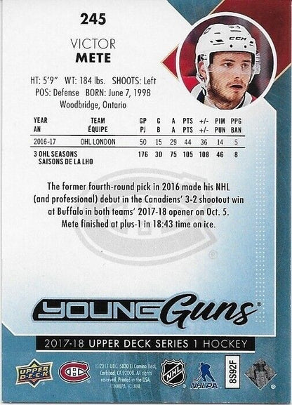 Signed Victor Mete Young Guns 2017-18 UD Montreal Canadiens Rookie Card