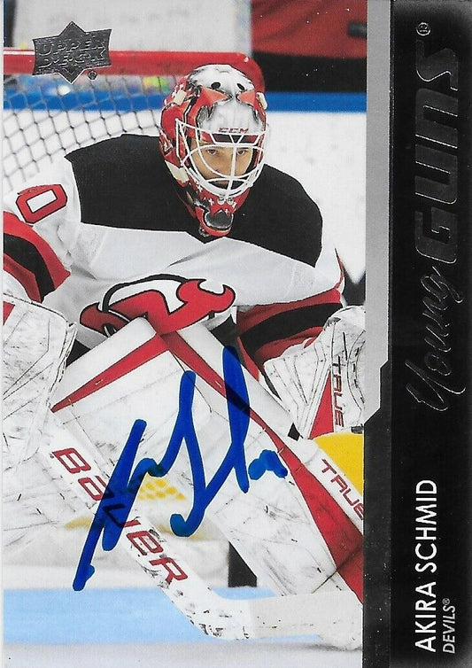 Signed Akira Schmid Young Guns 2021-22 UD New Jersey Devils Rookie Card #1