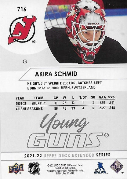 Signed Akira Schmid Young Guns 2021-22 UD New Jersey Devils Rookie Card #1